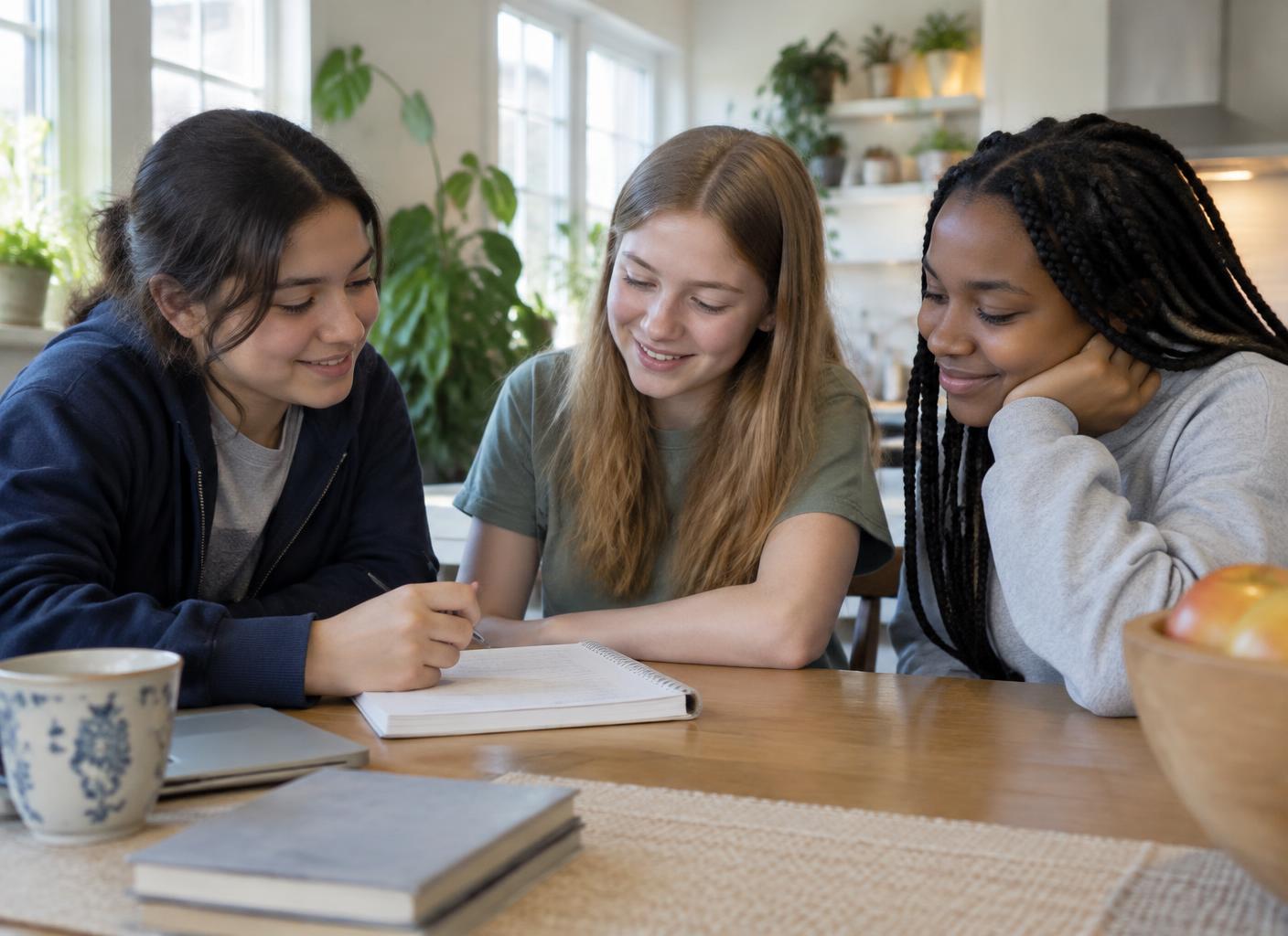 Three adolescent girls learning together around a table in a welcoming home